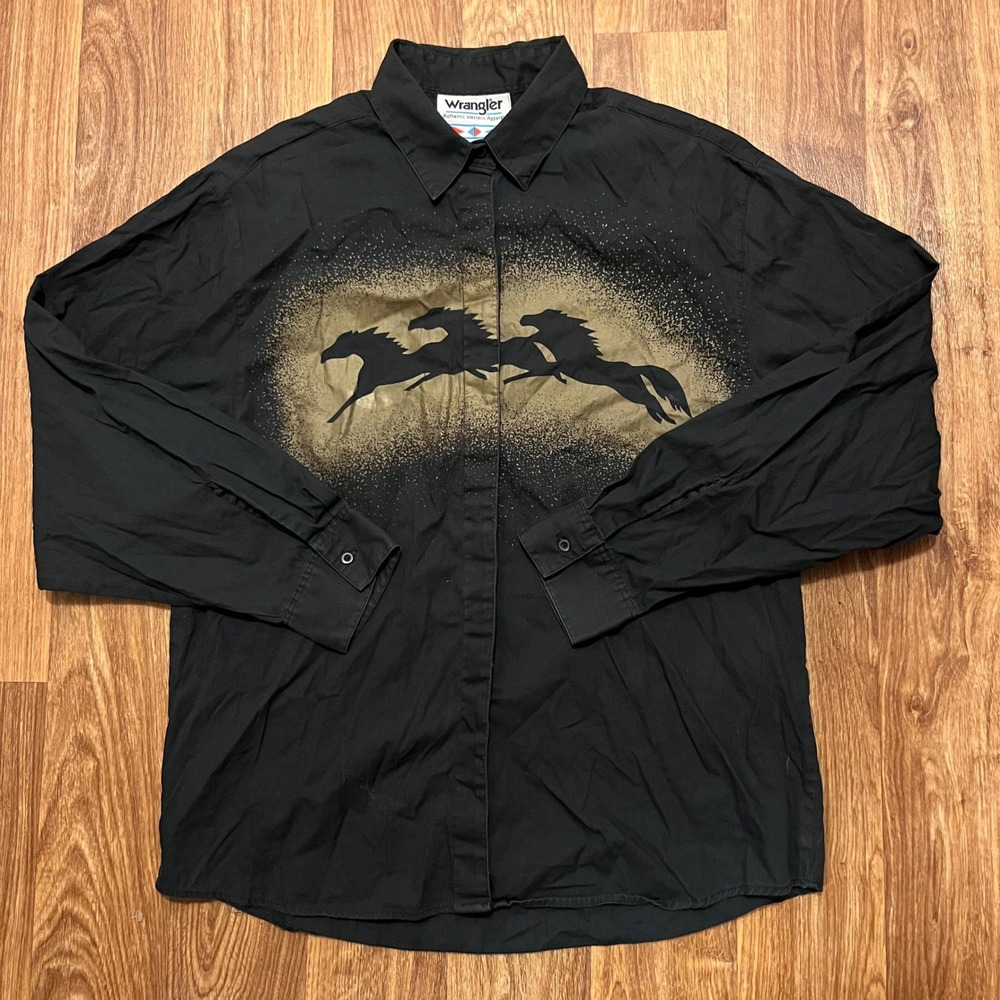 Vintage Wrangler Western Shirt Men XL Black Button Down Horse Cowboy‎ Rodeo